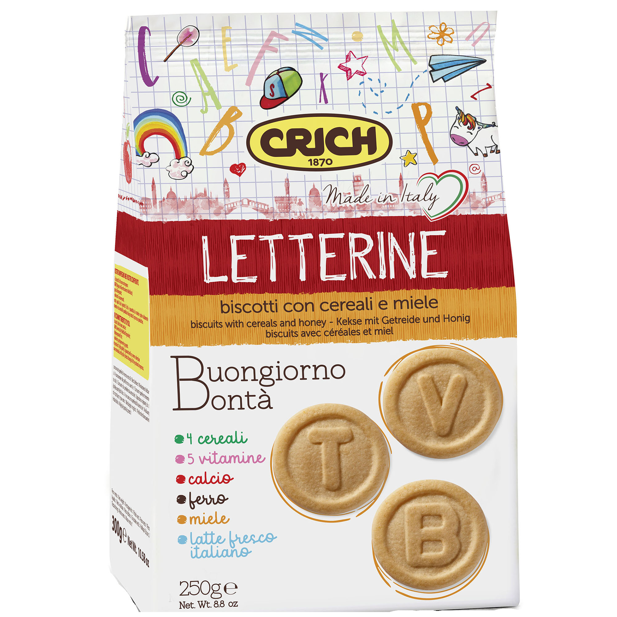 Biscuiti leterine cu cereale si miere Crich, 250g