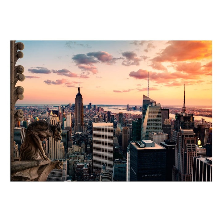 Nem szőtt tapéta nappaliba, hálószobába, New York: felhőkarcolók és naplemente - 200cm X 140cm, Útmutató, ragasztó