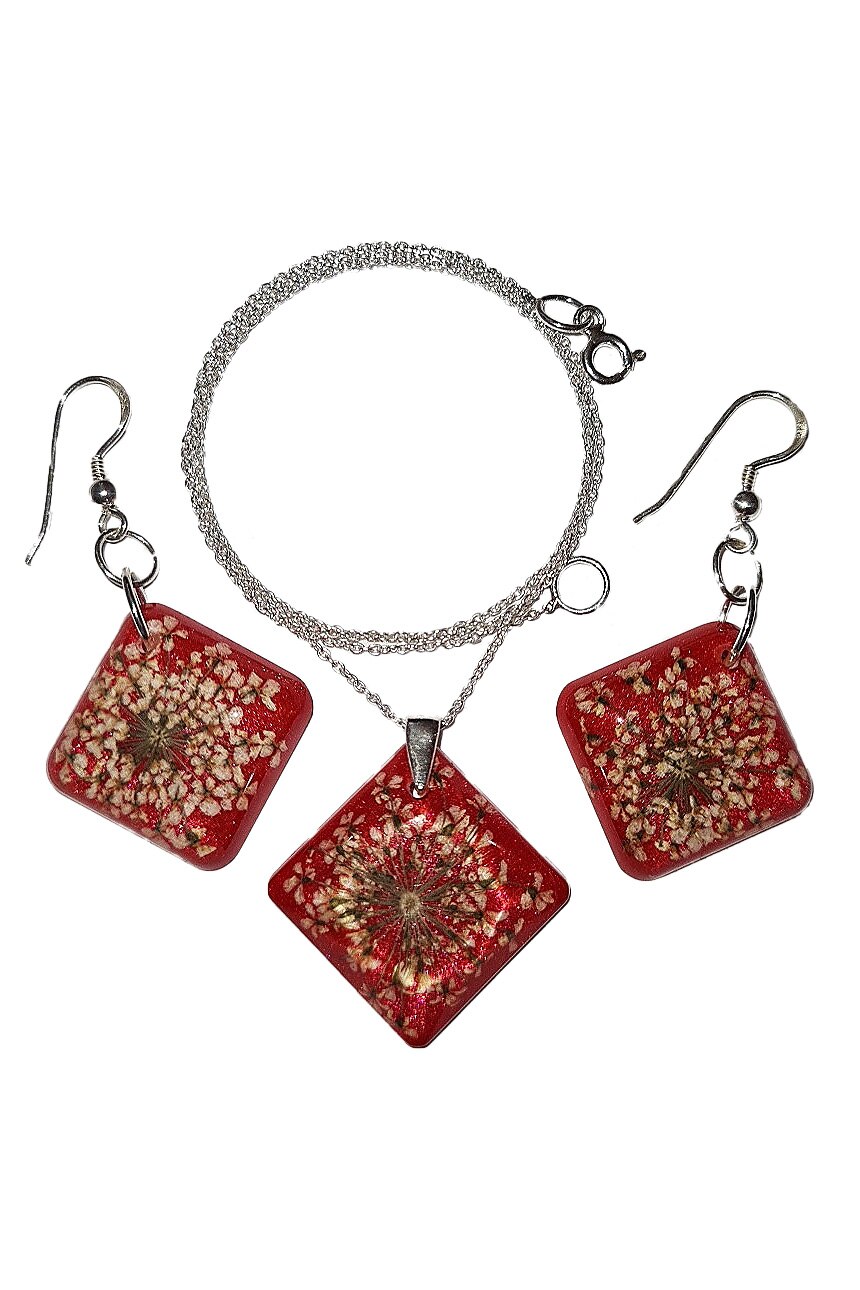 Set bijuterii, Delirium, colier cu pandantiv + cercei, rosu, flori naturale, 46 cm