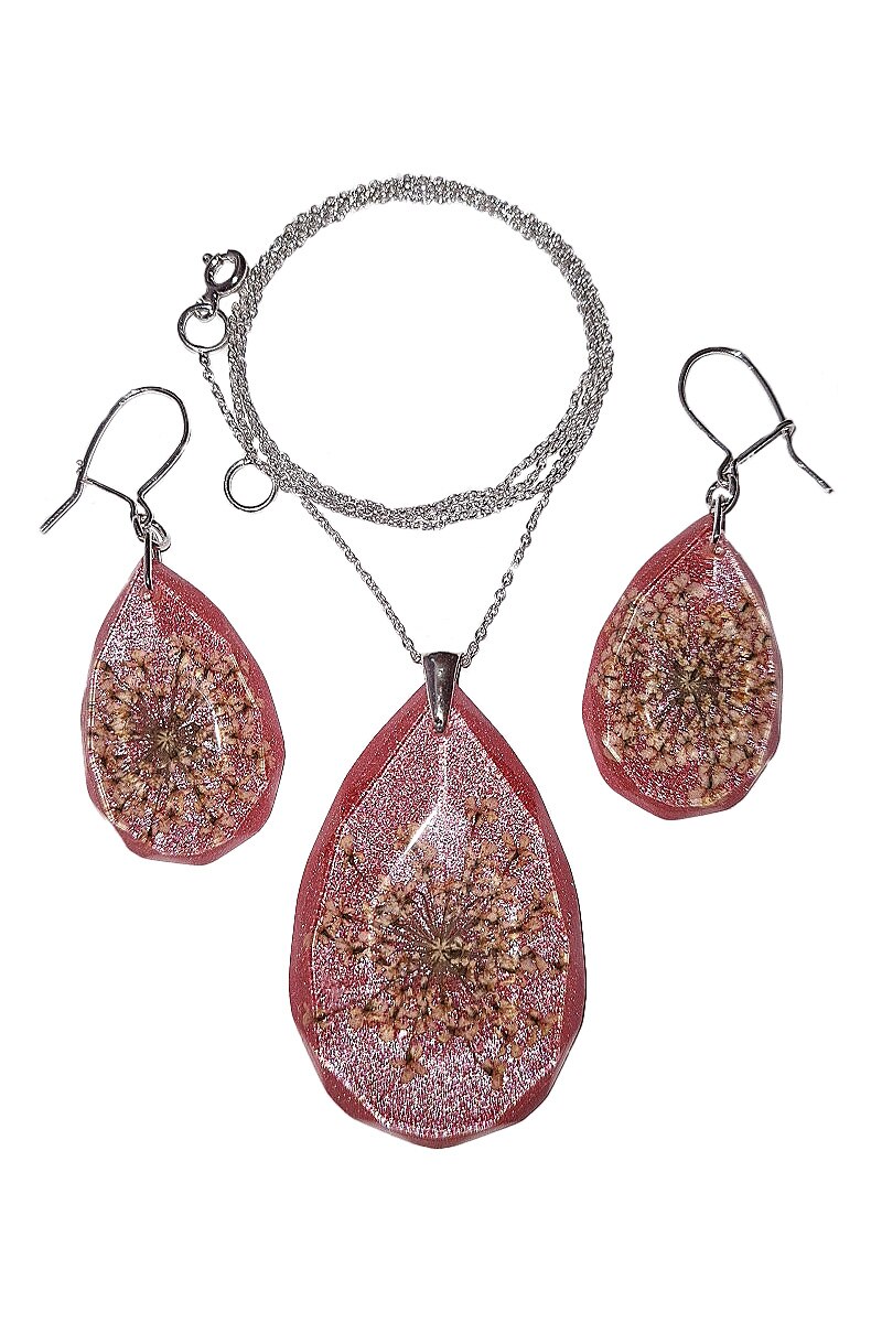 Set bijuterii, Delirium, colier cu pandantiv + cercei, roz, flori naturale, 50 cm