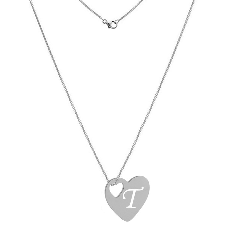 Lant argint 925, 70 cm, si charm inima argint 925, gravat litera T