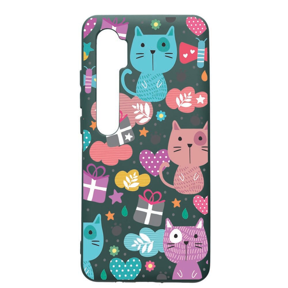 Husa Premium Silicon Compatibila Cu Xiaomi Mi Note 10, Lovely Cat, cu interiorul din material textil, protectie camera, Forest Green, PFG41
