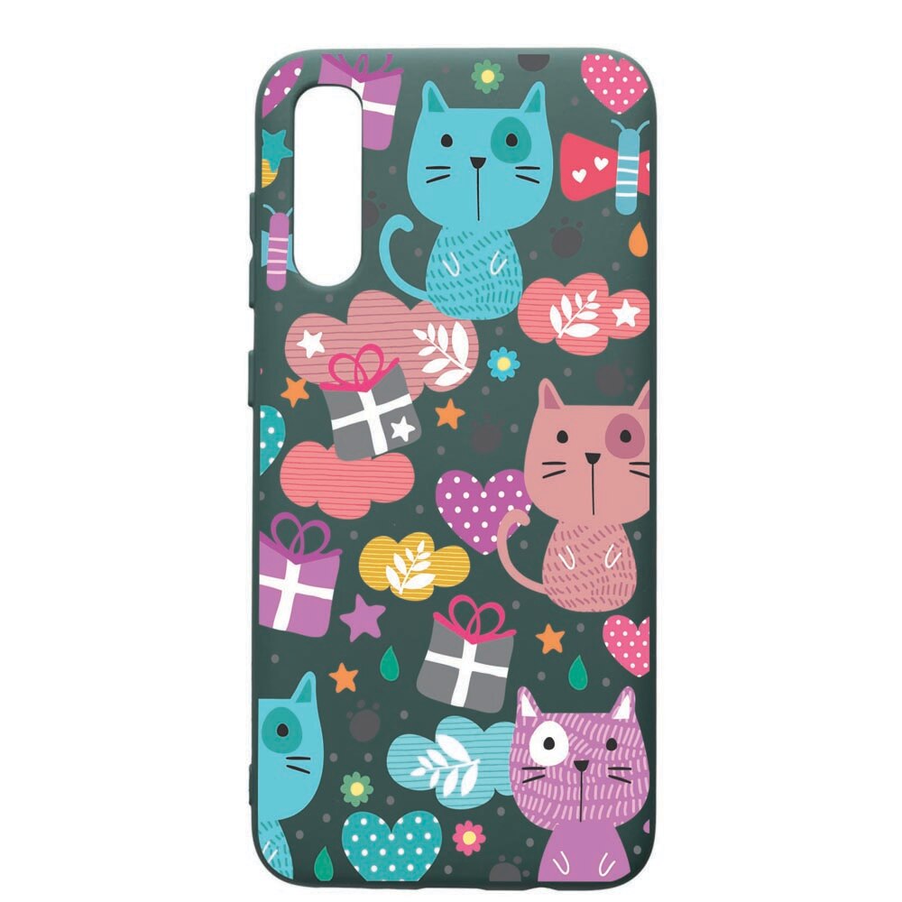 Husa Premium Silicon Compatibila Cu Samsung Galaxy A70, Lovely Cat, cu interiorul din material textil, protectie camera, Forest Green, PFG41