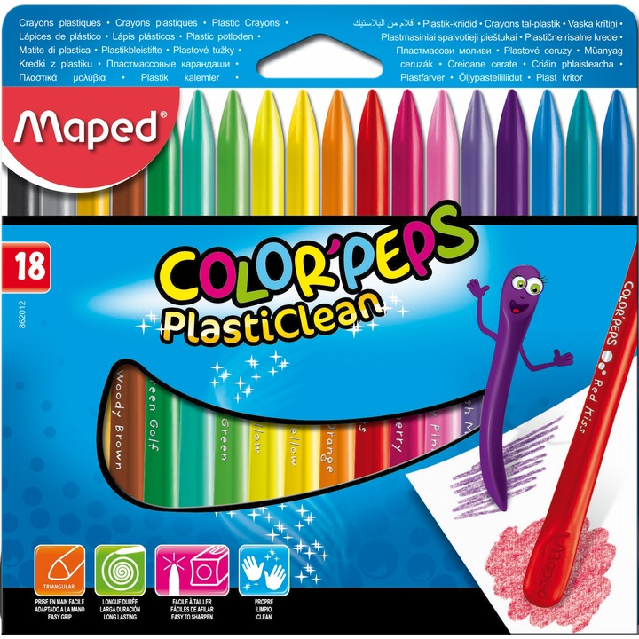 Set creioane colorate cerate Maped PlastiClean, 18 culori