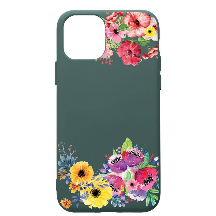 Husa Premium Silicon Compatibila Cu Apple iPhone 11 Pro Max, Flower, cu interiorul din material textil, protectie camera, Forest Green, PFG56