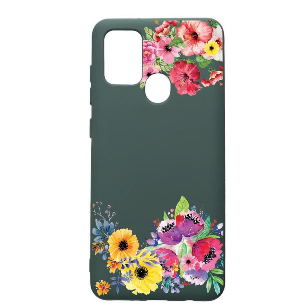 Husa Premium Silicon Compatibila Cu Samsung Galaxy A21S, Flower, cu interiorul din material textil, protectie camera, Forest Green, PFG56