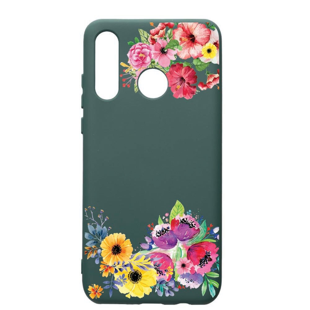 Husa Premium Silicon Compatibila Cu Huawei P30 Lite, Flower, cu interiorul din material textil, protectie camera, Forest Green, PFG56