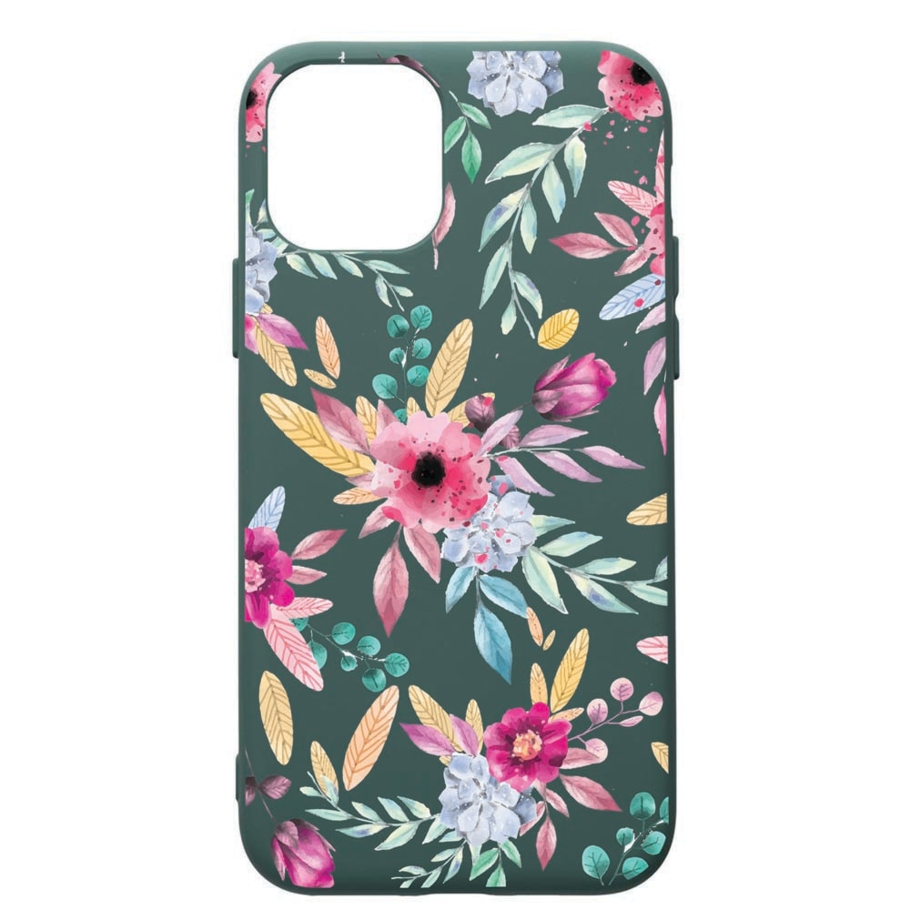 Husa Premium Silicon Compatibila Cu Apple iPhone 11 Pro, Happy Flowers, cu interiorul din material textil, protectie camera, Forest Green, PFG69