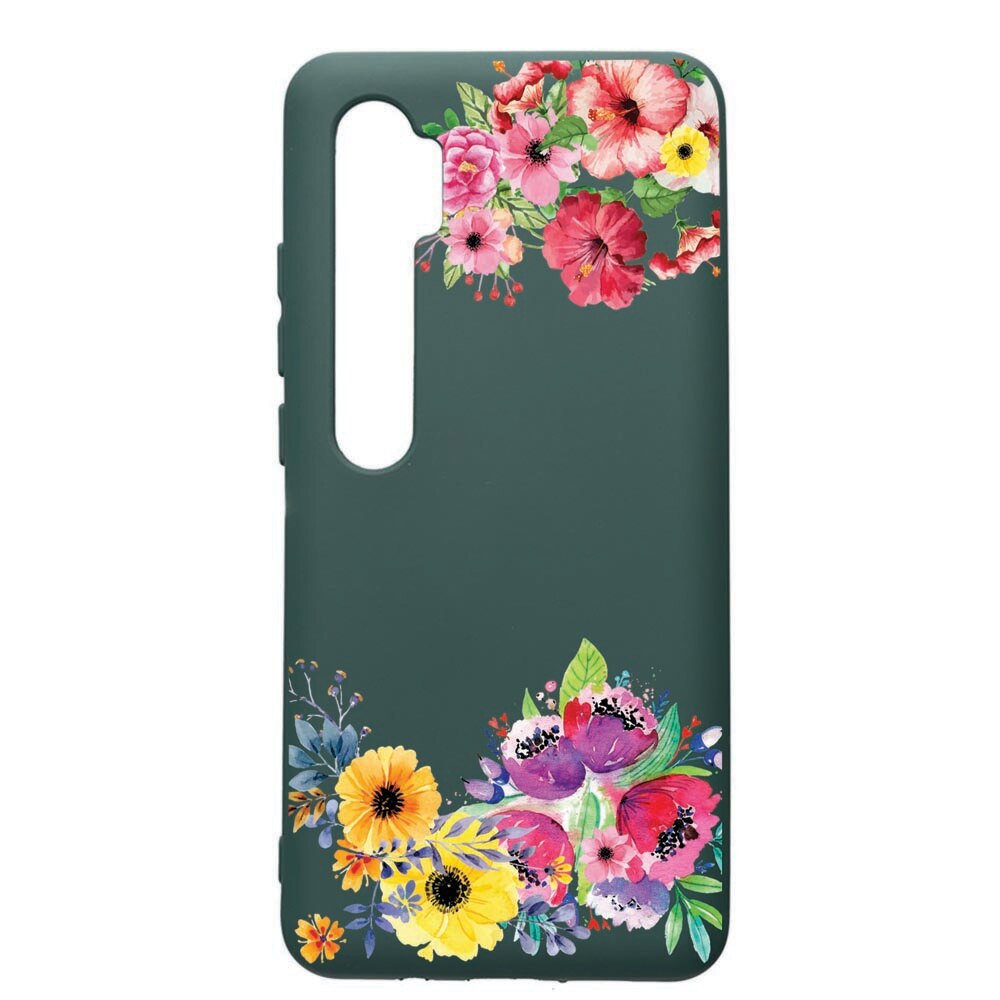 Husa Premium Silicon Compatibila Cu Xiaomi Mi Note 10, Flower, cu interiorul din material textil, protectie camera, Forest Green, PFG56