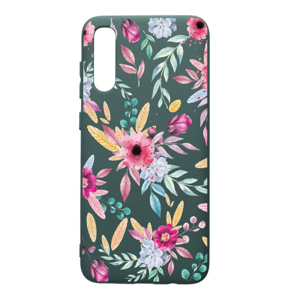Husa Premium Silicon Compatibila Cu Samsung Galaxy A70, Happy Flowers, cu interiorul din material textil, protectie camera, Forest Green, PFG69