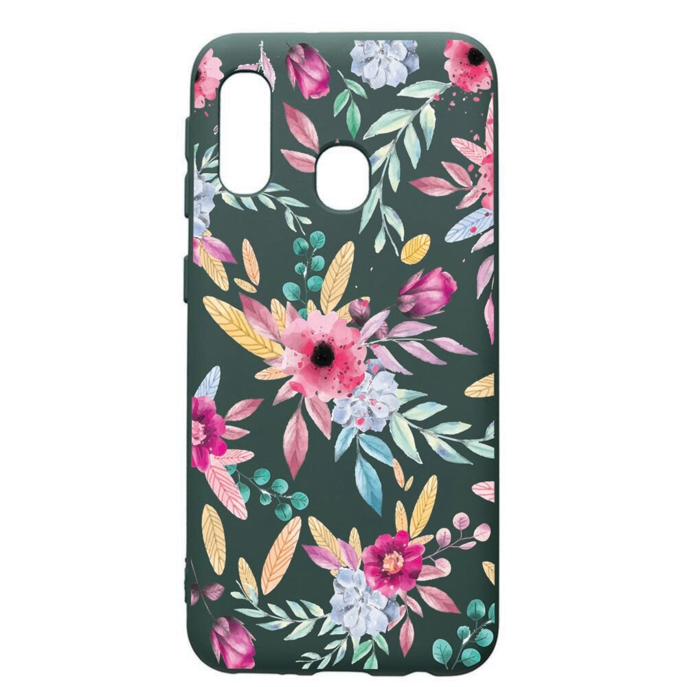 Husa Premium Silicon Compatibila Cu Samsung Galaxy A40, Happy Flowers, cu interiorul din material textil, protectie camera, Forest Green, PFG69