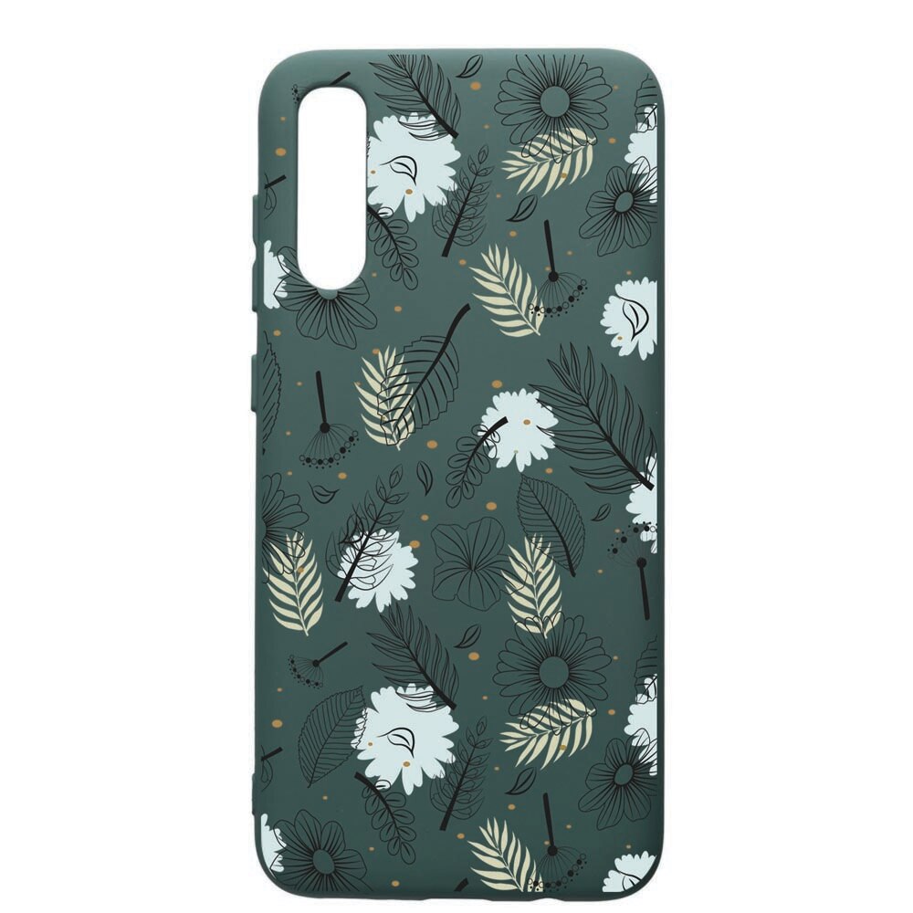 Husa Premium Silicon Compatibila Cu Samsung Galaxy A70, Flowers, cu interiorul din material textil, protectie camera, Forest Green, PFG81