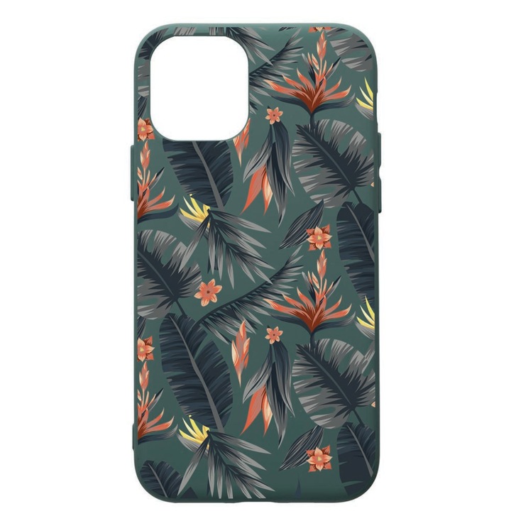 Husa Premium Silicon Compatibila Cu Apple iPhone 11, Tropical Pattern, cu interiorul din material textil, protectie camera, Forest Green, PFG88