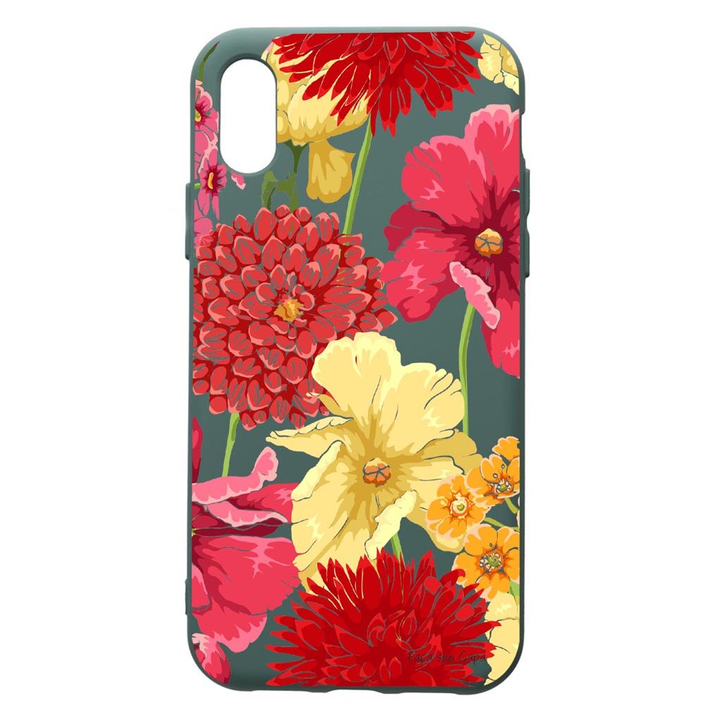 Husa Premium Silicon Compatibila Cu Apple iPhone XS Max, Flowers - Red - Yellow, cu interiorul din material textil, protectie camera, Forest Green, PFG634