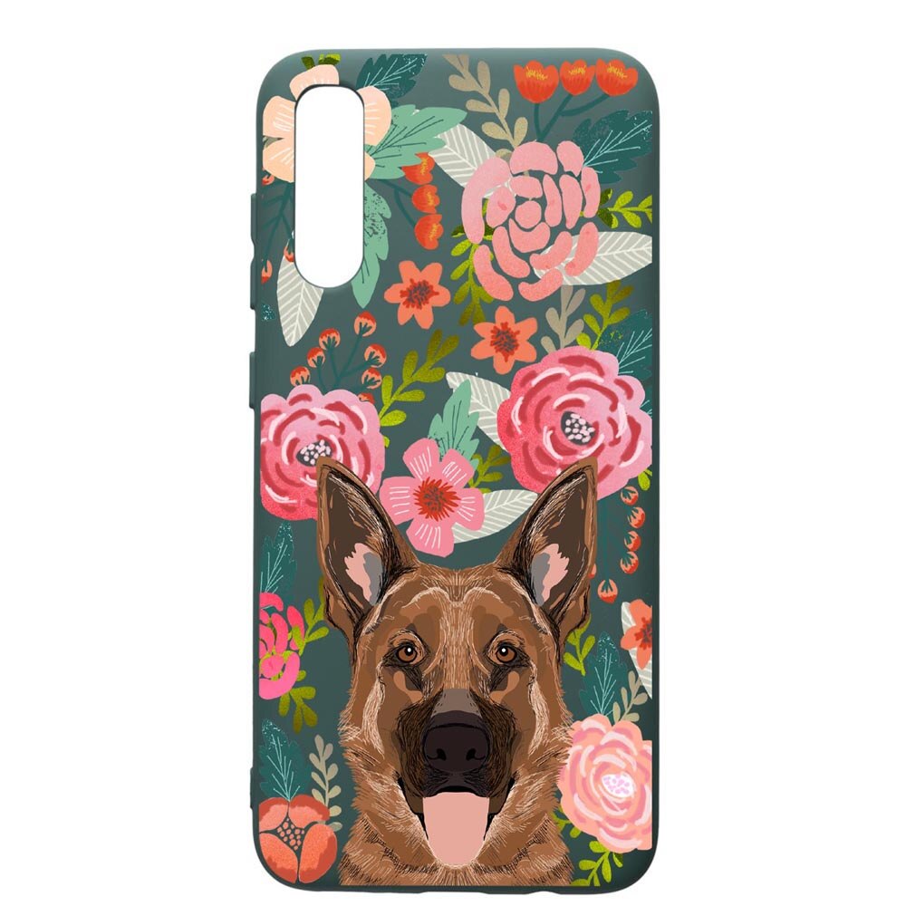 Husa Premium Silicon Compatibila Cu Samsung Galaxy A70, Dog In Flowers, cu interiorul din material textil, protectie camera, Forest Green, PFG636