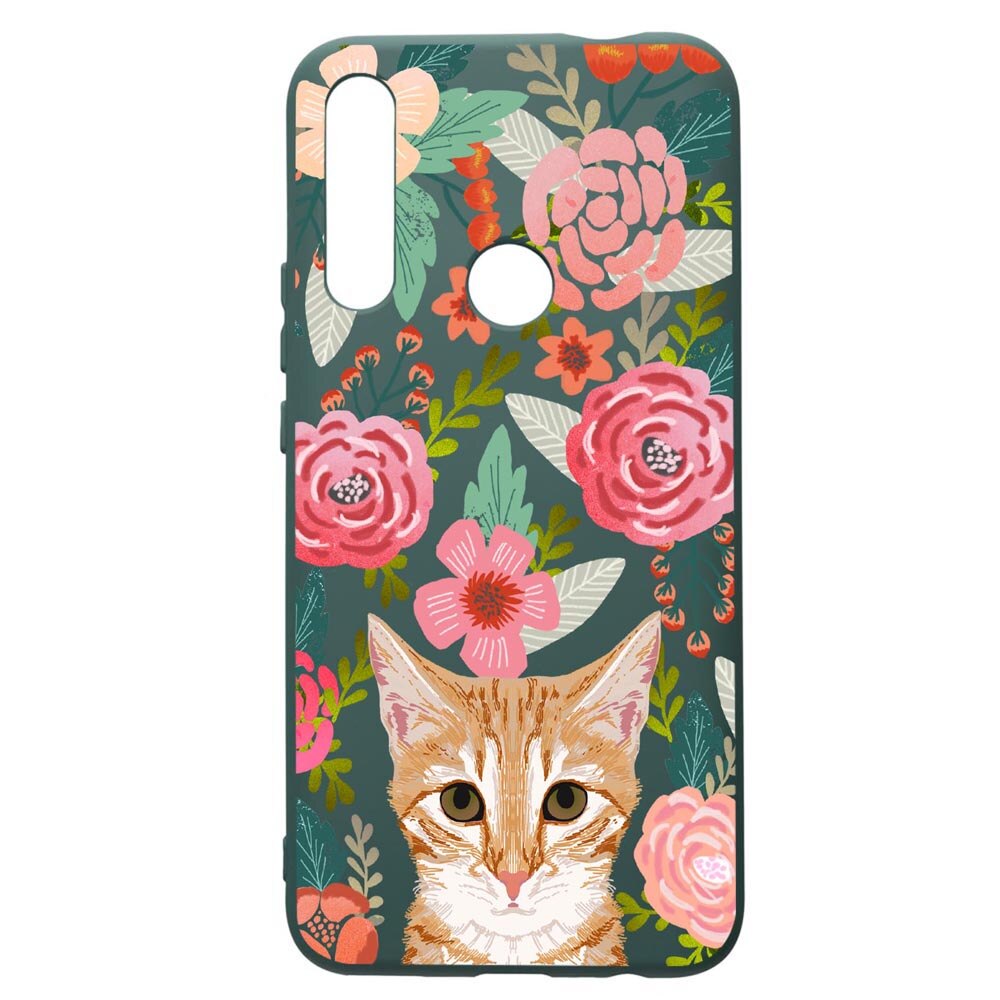 Husa Premium Silicon Compatibila Cu Huawei P Smart Z, Cat In Flowers, cu interiorul din material textil, protectie camera, Forest Green, PFG638