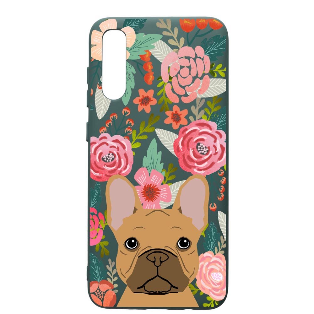 Husa Premium Silicon Compatibila Cu Samsung Galaxy A70, Dog In Flowers, cu interiorul din material textil, protectie camera, Forest Green, PFG637