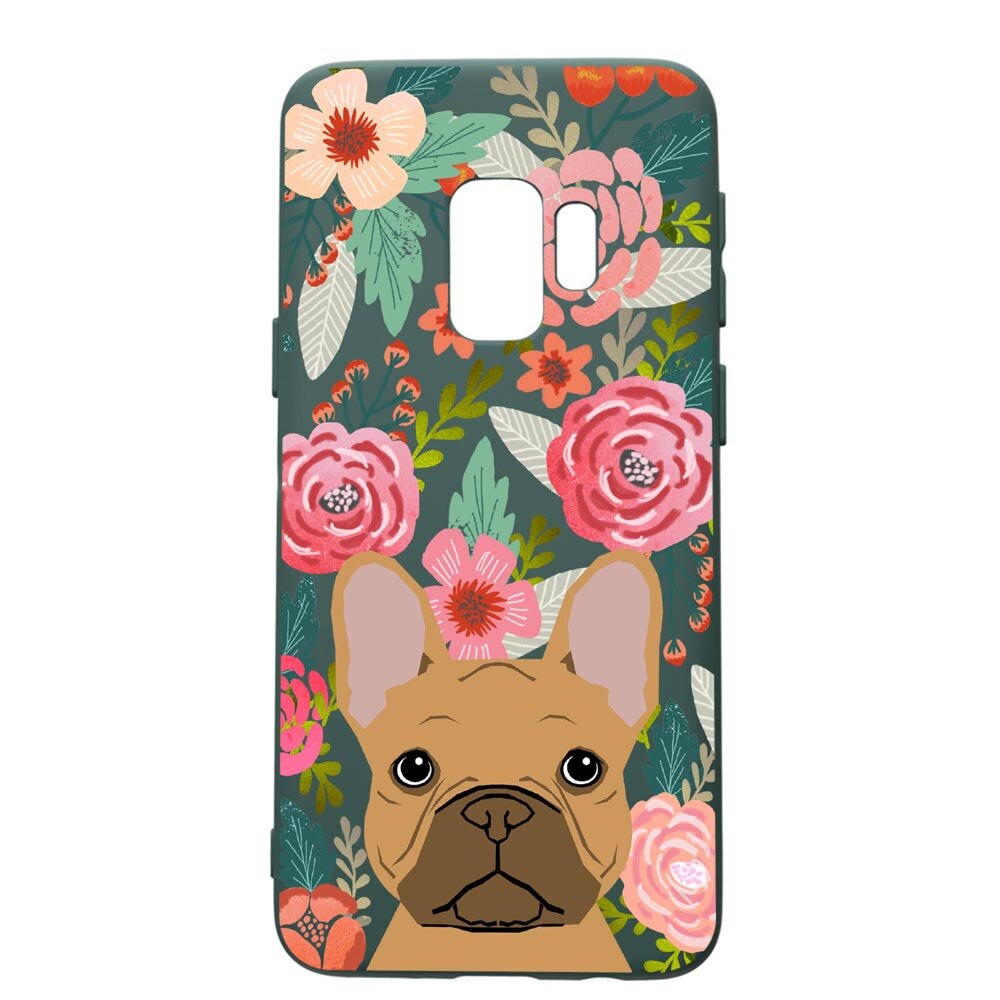 Husa Premium Silicon Compatibila Cu Samsung Galaxy S9, Dog In Flowers, cu interiorul din material textil, protectie camera, Forest Green, PFG637