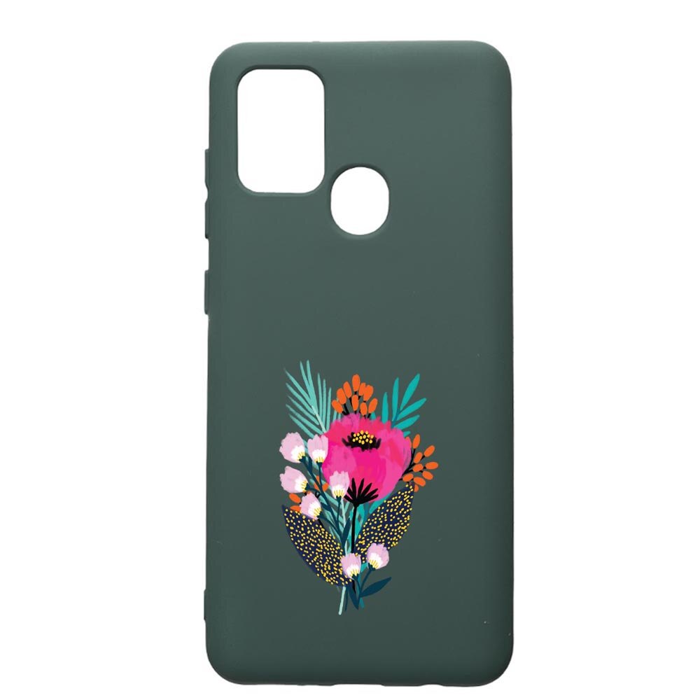 Husa Premium Silicon Compatibila Cu Samsung Galaxy A21S, Flowers, cu interiorul din material textil, protectie camera, Forest Green, PFG641