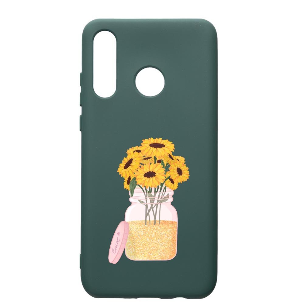 Husa Premium Silicon Compatibila Cu Huawei P30 Lite, Sunflowers, cu interiorul din material textil, protectie camera, Forest Green, PFG639