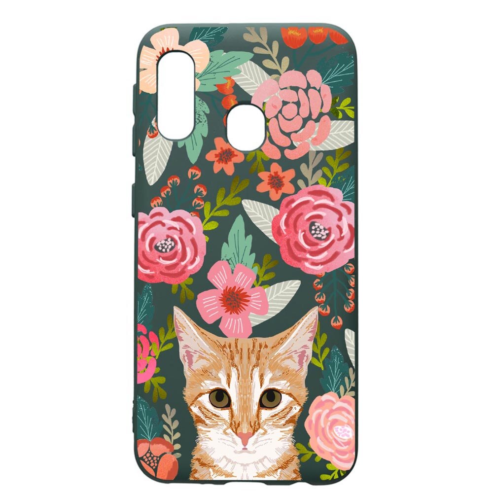 Husa Premium Silicon Compatibila Cu Samsung Galaxy A20E, Cat In Flowers, cu interiorul din material textil, protectie camera, Forest Green, PFG638