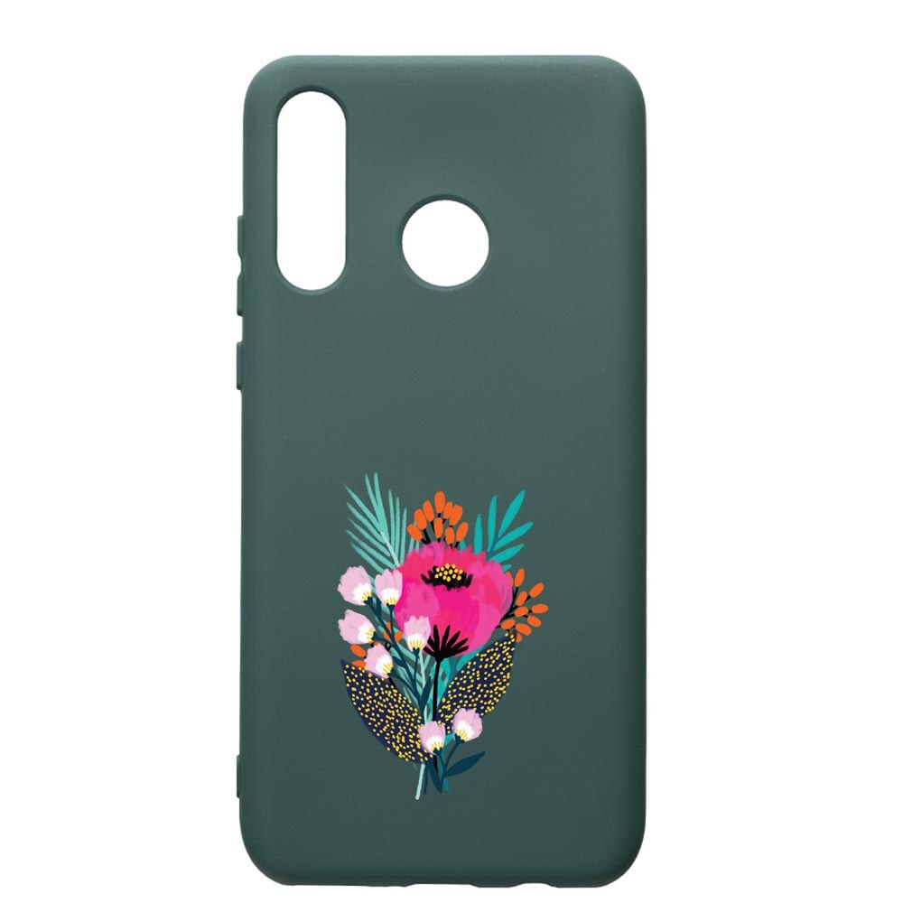 Husa Premium Silicon Compatibila Cu Huawei P30 Lite, Flowers, cu interiorul din material textil, protectie camera, Forest Green, PFG641
