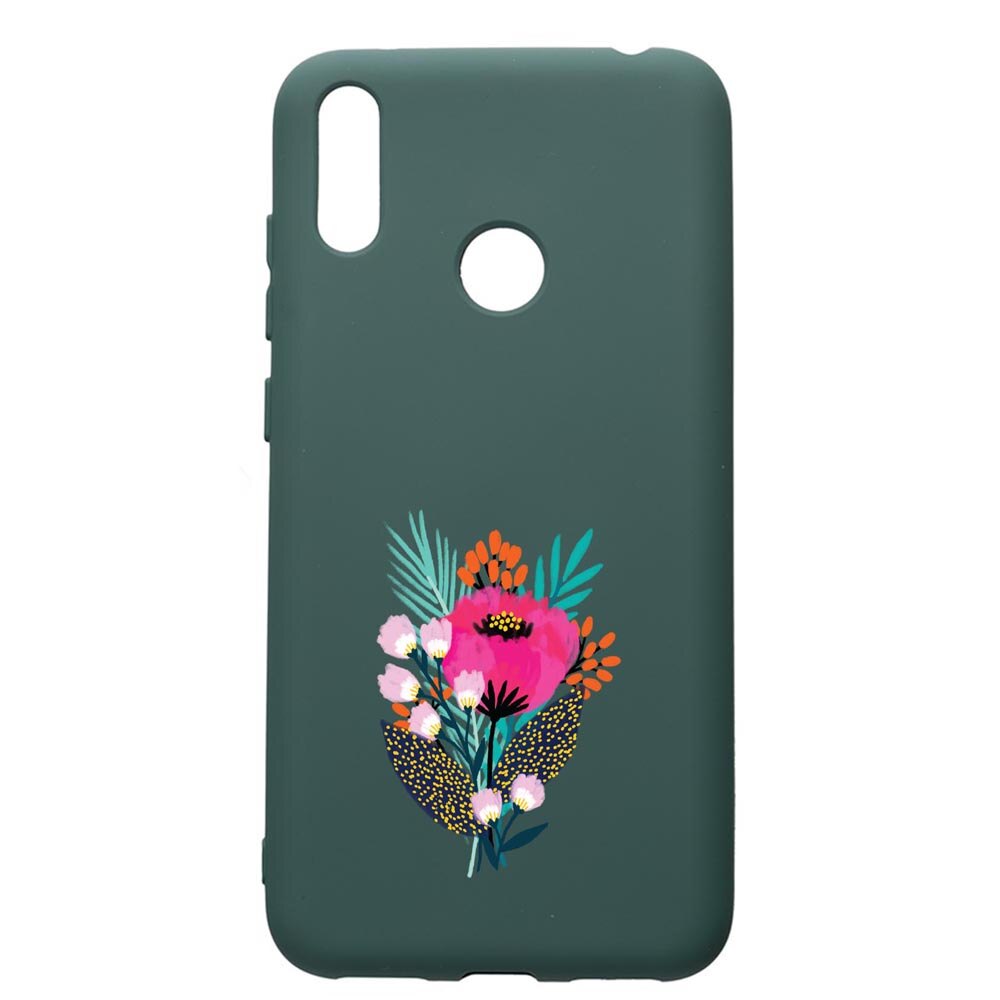 Husa Premium Silicon Compatibila Cu Huawei Y7 2019, Flowers, cu interiorul din material textil, protectie camera, Forest Green, PFG641