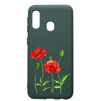 Husa Premium Silicon Compatibila Cu Samsung Galaxy A20E, Red Flower, cu interiorul din material textil, protectie camera, Forest Green, PFG643 Husa Premium Silicon Compatibila Cu Samsung Galaxy A20E, Red Flower, cu interiorul din material textil, protectie camera, Forest Green, PFG643