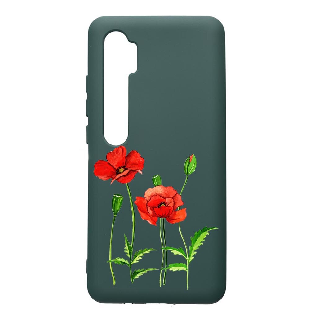 Husa Premium Silicon Compatibila Cu Xiaomi Mi Note 10, Red Flower, cu interiorul din material textil, protectie camera, Forest Green, PFG643