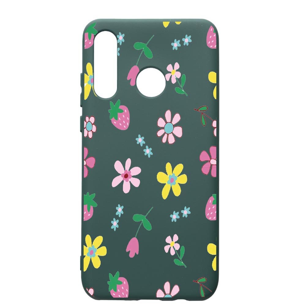 Husa Premium Silicon Compatibila Cu Huawei P30 Lite, Flowers, cu interiorul din material textil, protectie camera, Forest Green, PFG687