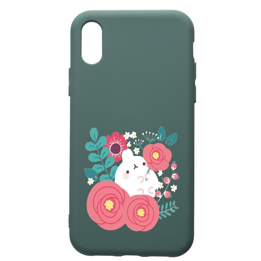 Husa Premium Silicon Compatibila Cu Apple iPhone XS Max, Rabbits In Flowers, cu interiorul din material textil, protectie camera, Forest Green, PFG686