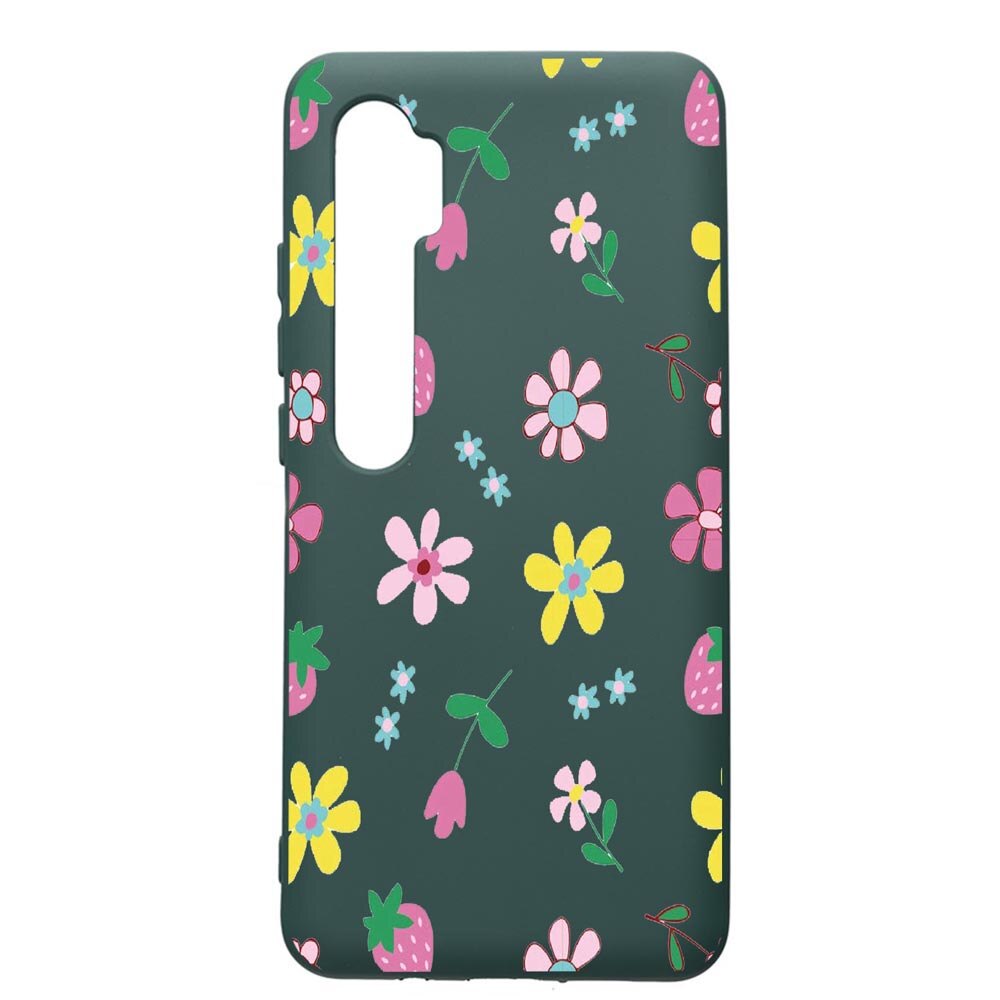 Husa Premium Silicon Compatibila Cu Xiaomi Mi Note 10, Flowers, cu interiorul din material textil, protectie camera, Forest Green, PFG687