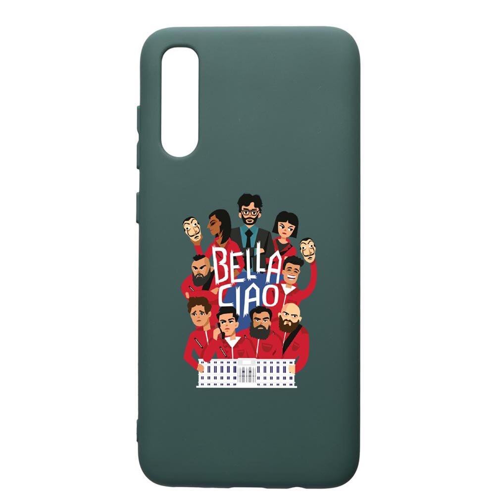 Husa Premium Silicon Compatibila Cu Samsung Galaxy A70, La Casa De Papel - Ciao Bella, cu interiorul din material textil, protectie camera, Forest Green, PFG718