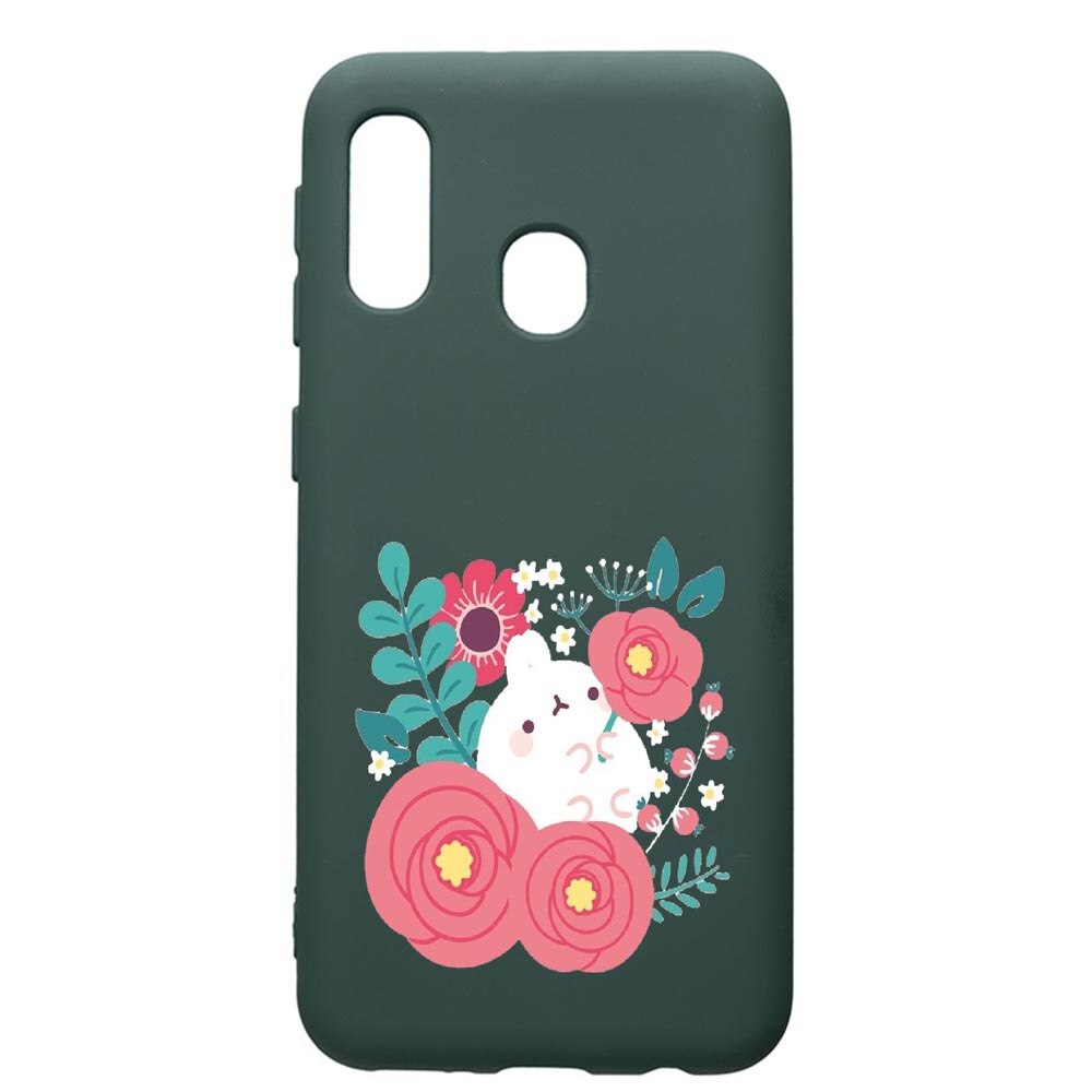 Husa Premium Silicon Compatibila Cu Samsung Galaxy A40, Rabbits In Flowers, cu interiorul din material textil, protectie camera, Forest Green, PFG686
