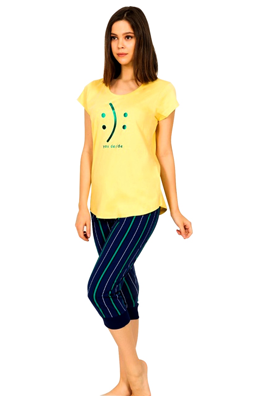 Pijama Dama, Vienetta, Model 'Happy or Sad You decide', Culoare Galben/Albastru
