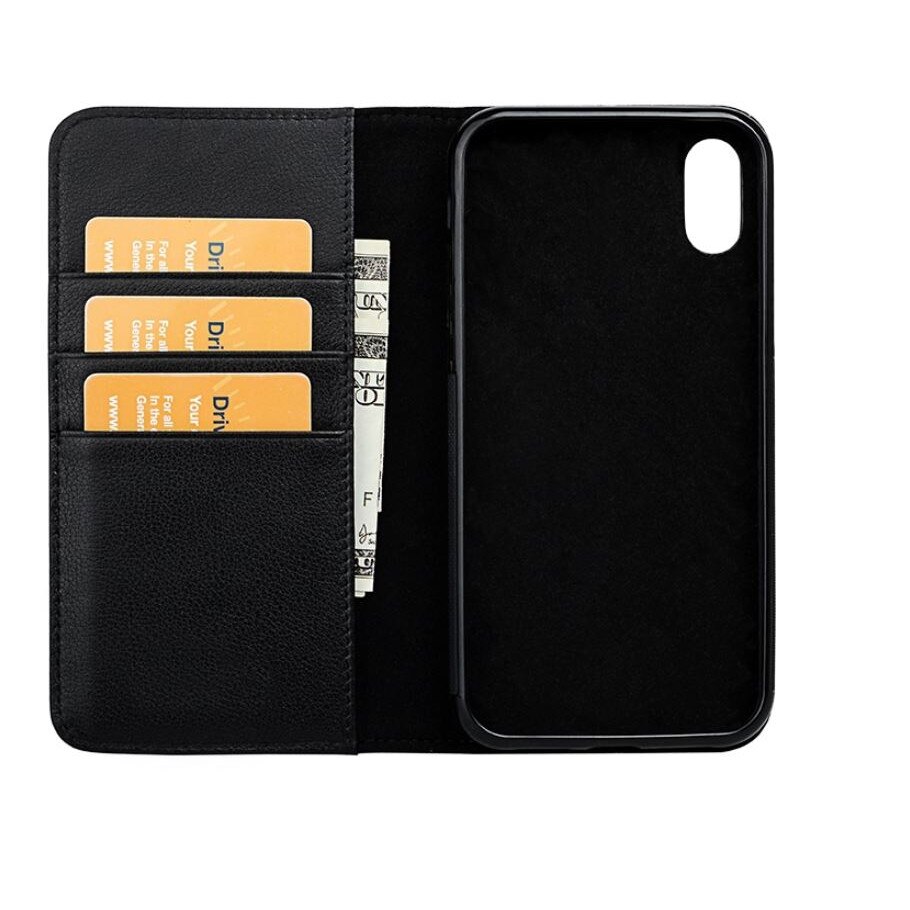 Husa Flip Wallet 3 in1, compatibila cu iPhone X/Xs, piele naturala 100% , carcasa detasabila magnetic back cover, Negru
