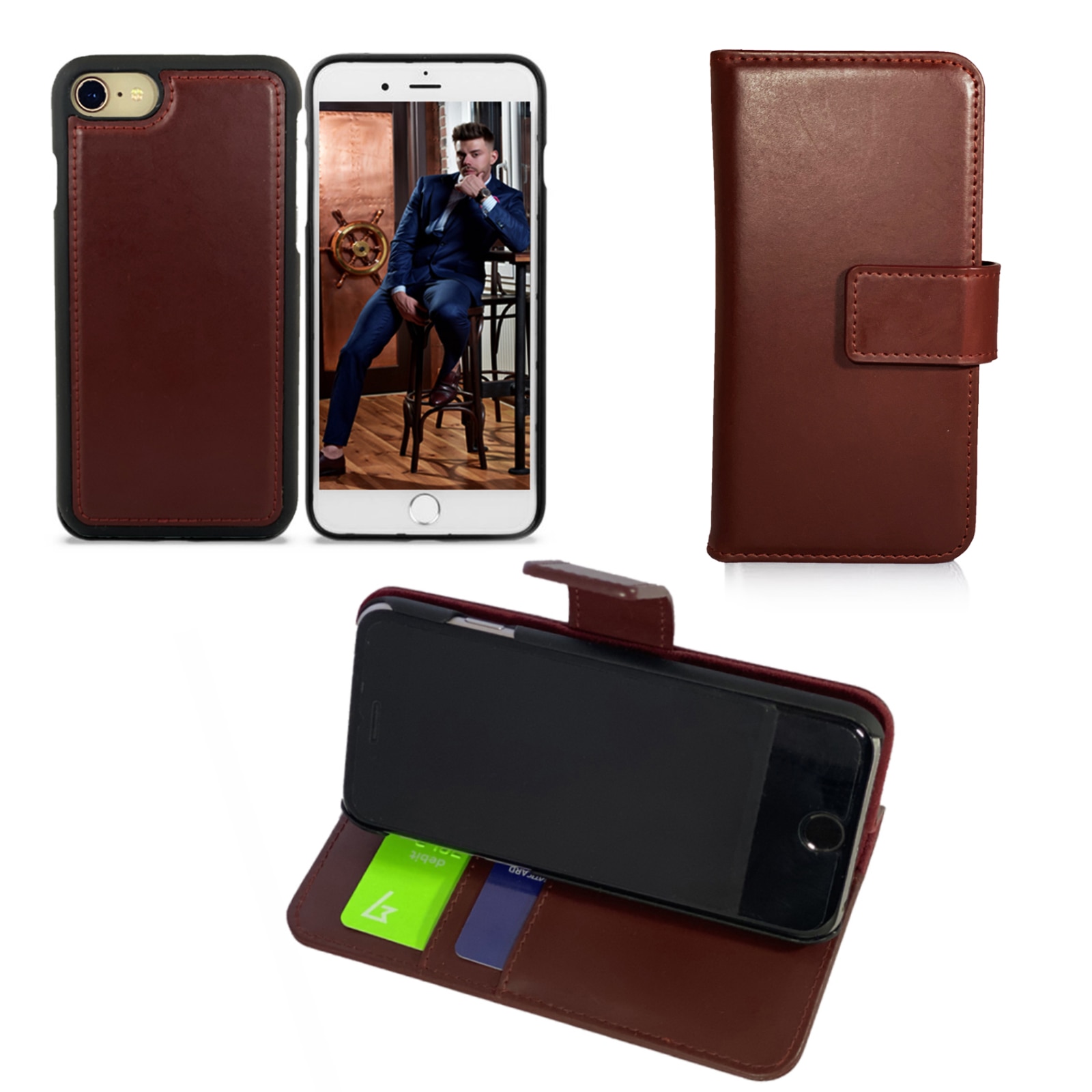 Husa Flip Wallet, compatibila cu iPhone SE2/8/7/6S, piele naturala 100% , carcasa detasabila magnetic back cover, visiniu