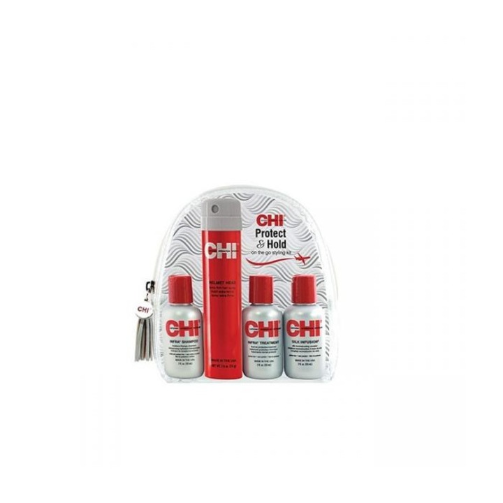 Set pentru par Chi Infra Protect & Hold, Sampon 59ml + Tratament 59ml + Silk Infusion 59ml + Fixativ 74gr