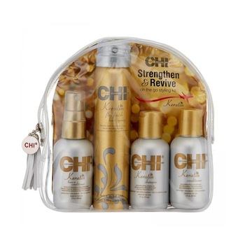 Set pentru par Chi Keratin Strengthen & Revive, Sampon 59ml + Balsam 59ml + Leave-in 59ml + Fixativ 74gr Set pentru par Chi Keratin Strengthen & Revive, Sampon 59ml + Balsam 59ml + Leave-in 59ml + Fixativ 74gr