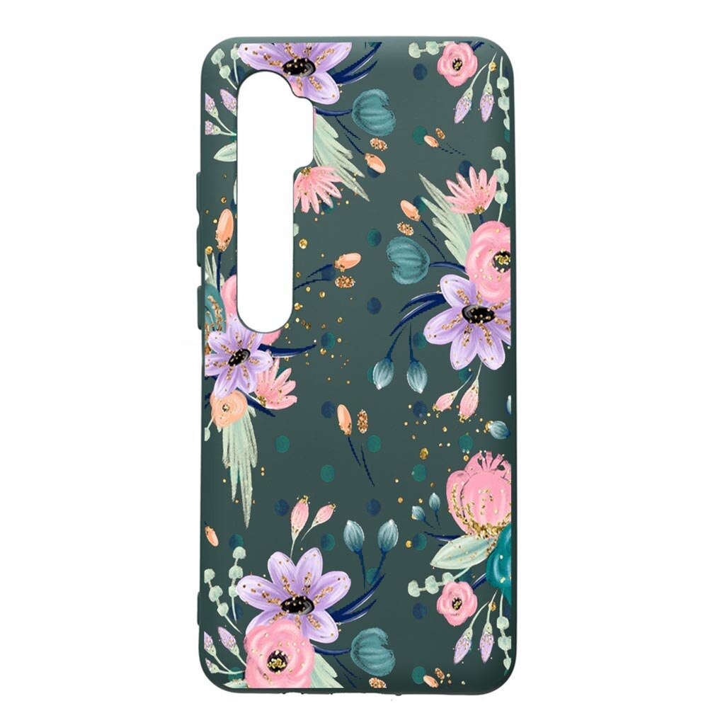 Husa Premium Silicon Compatibila Cu Xiaomi Mi Note 10, Spirng Flowers, cu interiorul din material textil, protectie camera, Forest Green, PFG495