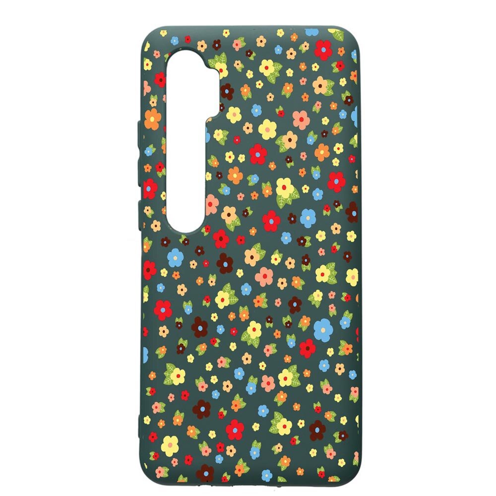 Husa Premium Silicon Compatibila Cu Xiaomi Mi Note 10, Happy Flowers, cu interiorul din material textil, protectie camera, Forest Green, PFG501