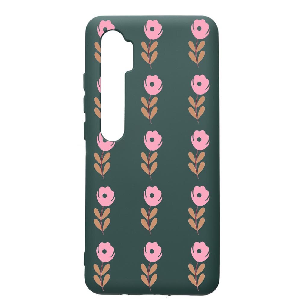 Husa Premium Silicon Compatibila Cu Xiaomi Mi Note 10, Flowers, cu interiorul din material textil, protectie camera, Forest Green, PFG505