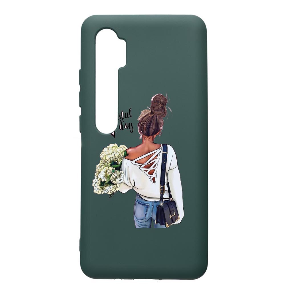 Husa Premium Silicon Compatibila Cu Xiaomi Mi Note 10, Beautiful Day, cu interiorul din material textil, protectie camera, Forest Green, PFG561