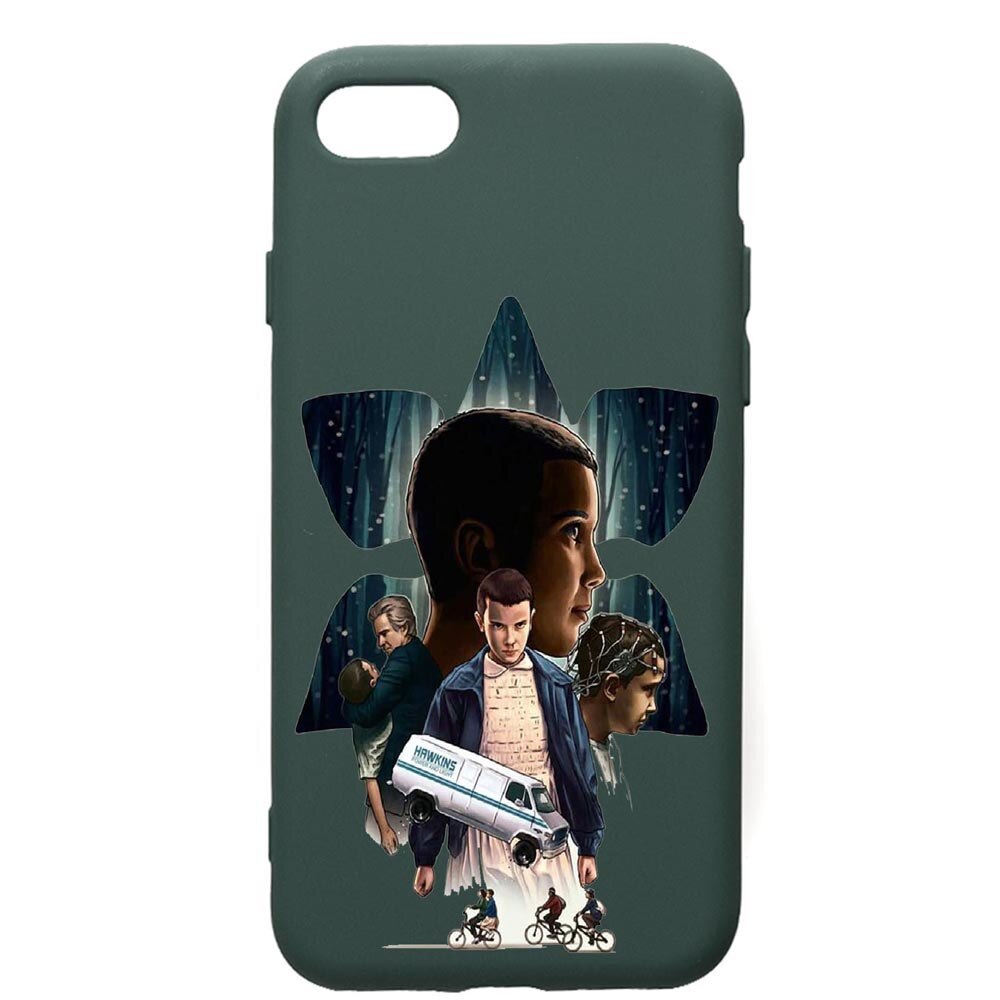 Husa Premium Silicon Compatibila Cu Apple iPhone SE 2 / iPhone 8 / iPhone 7, Stranger Things, cu interiorul din material textil, protectie camera, Forest Green, PFG373