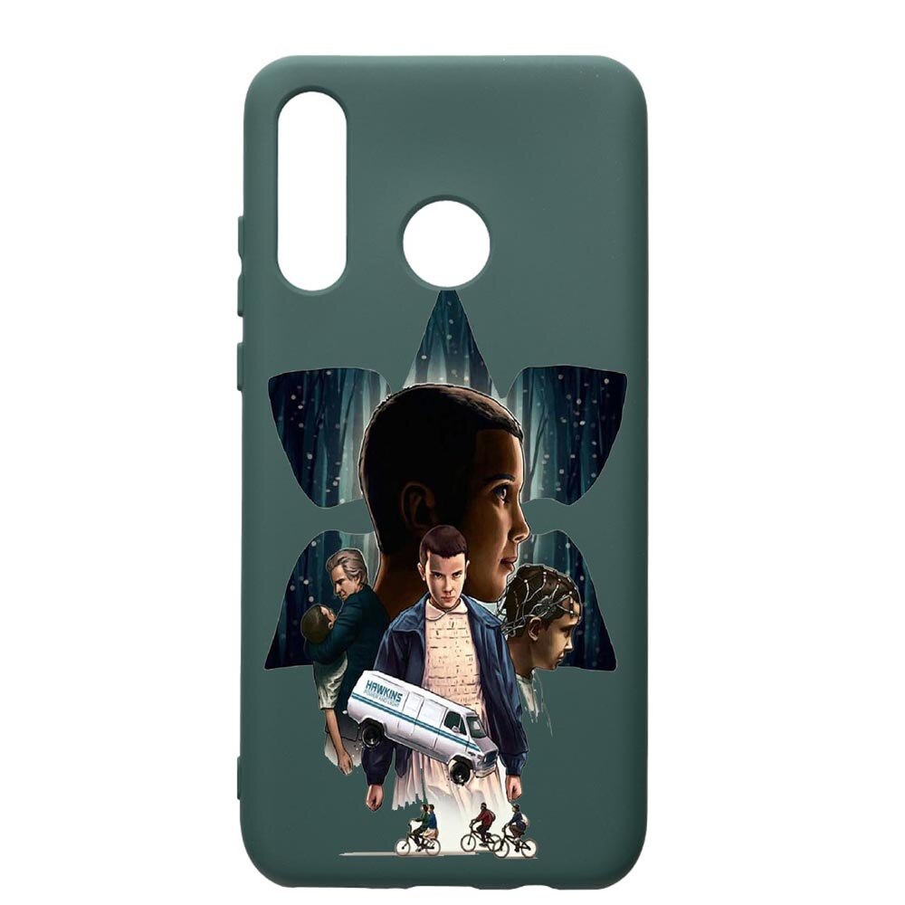 Husa Premium Silicon Compatibila Cu Huawei P30 Lite, Stranger Things, cu interiorul din material textil, protectie camera, Forest Green, PFG373