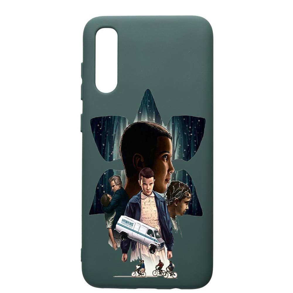 Husa Premium Silicon Compatibila Cu Samsung Galaxy A70, Stranger Things, cu interiorul din material textil, protectie camera, Forest Green, PFG373