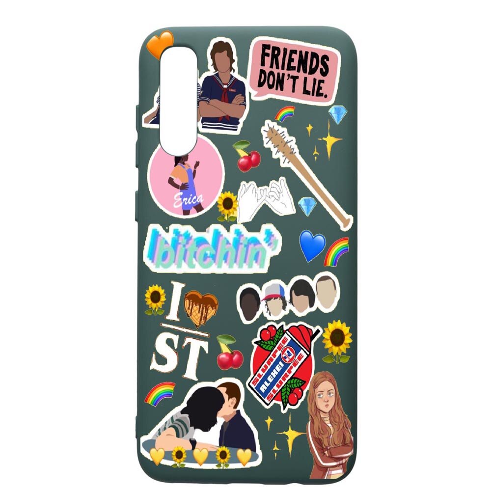 Husa Premium Silicon Compatibila Cu Samsung Galaxy A70, Stranger Things, cu interiorul din material textil, protectie camera, Forest Green, PFG376