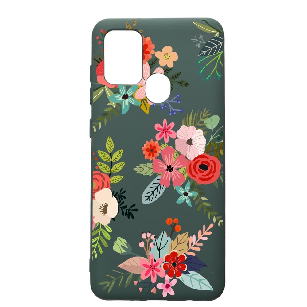 Husa Premium Silicon Compatibila Cu Samsung Galaxy A21S, Flowers, cu interiorul din material textil, protectie camera, Forest Green, PFG630