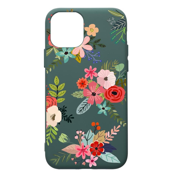 Husa Premium Silicon Compatibila Cu Apple iPhone 11 Pro Max, Flowers, cu interiorul din material textil, protectie camera, Forest Green, PFG630