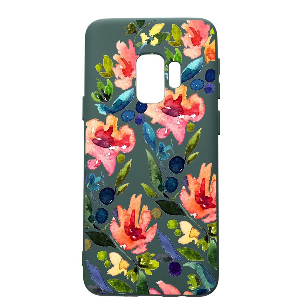 Husa Premium Silicon Compatibila Cu Samsung Galaxy S9, Spring Flowers, cu interiorul din material textil, protectie camera, Forest Green, PFG628